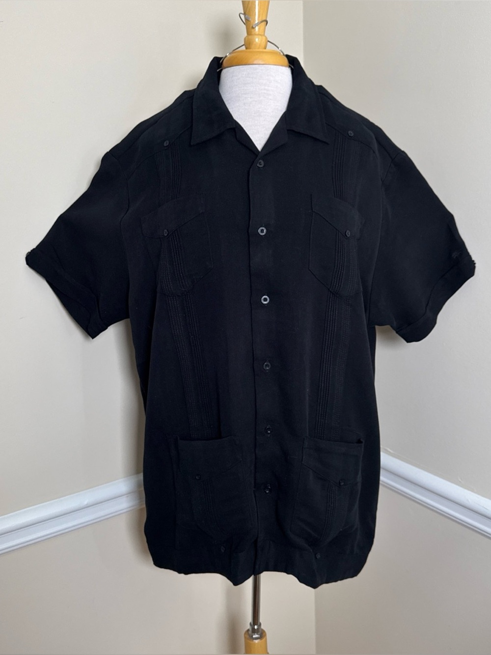 The Havana Co Guayabera Camp Shirt Mens Large Button Down Black Lined Formal